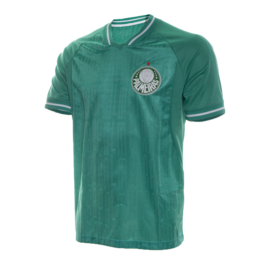 Camiseta Palmeiras Champion verde com detalhes visíveis e tabela de tamanhos